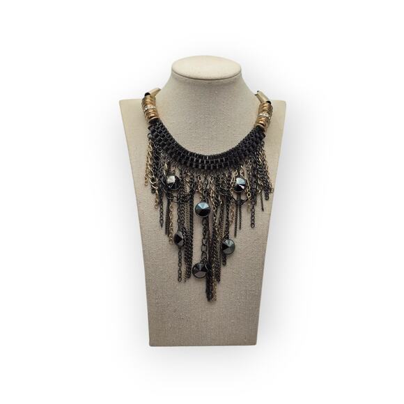 Black Faceted Bead Chain Fringe Statement Necklace - Picture 3 of 6